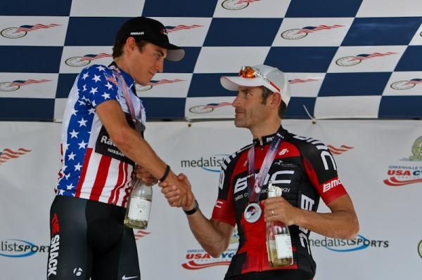 Matthew Busche (RadioShack) and George Hincapie (BMC) enjoying the moment on the podium.