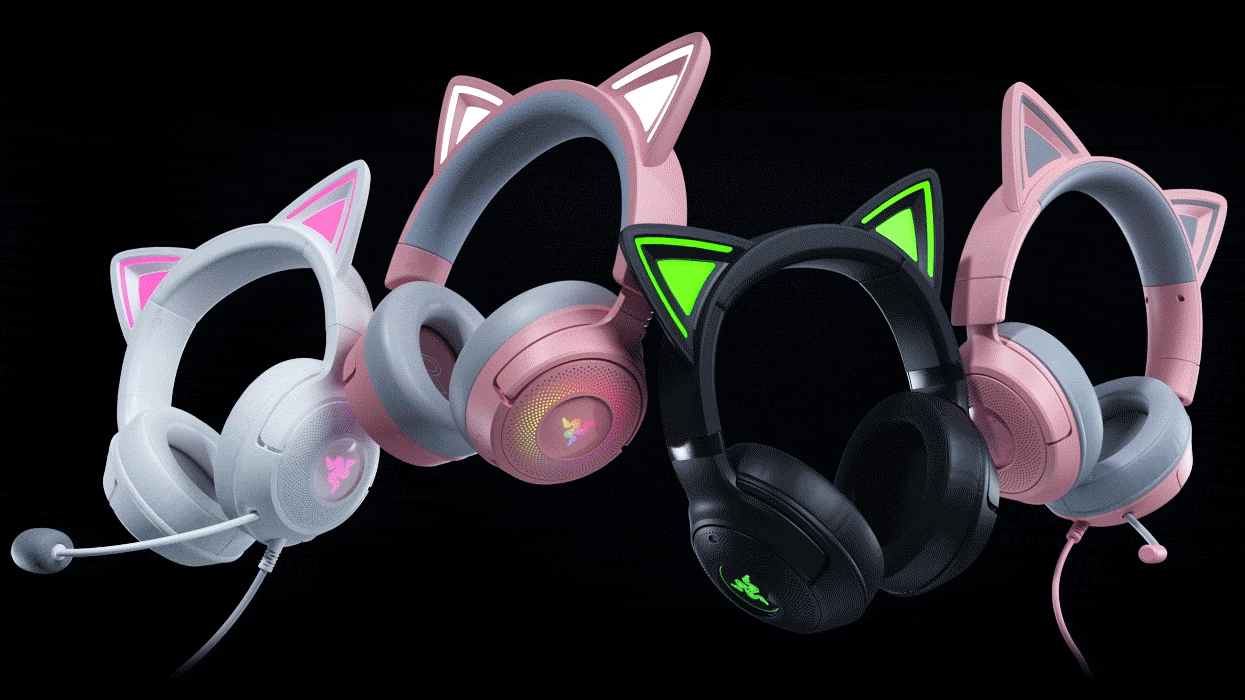 Razer Kraken Kitty Headsets floating on a black background