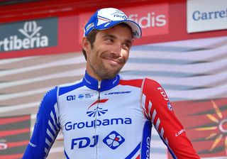 Thibaut Pinot on the Vuelta a Espana podium after winning stage 19