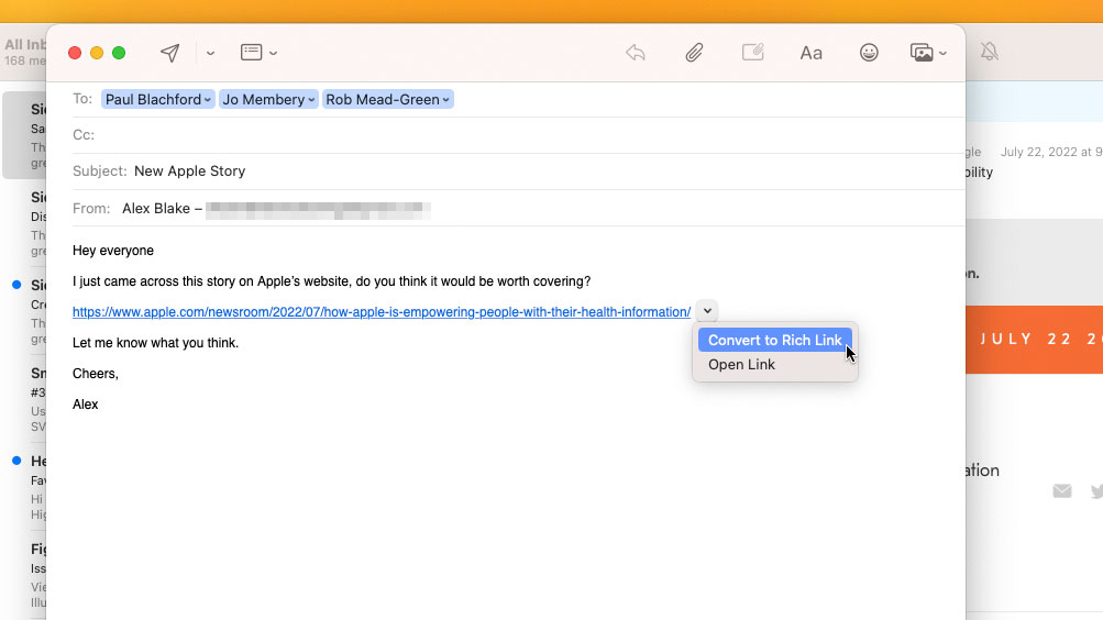The Mail app in macOS Ventura showing a context menu option to convert a plain-text link into a rich link.