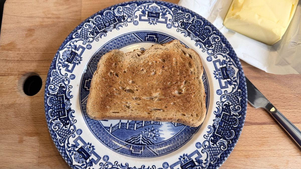 Toast on a blue plate, after being cooked in the KitchenAid Pro Line toaster