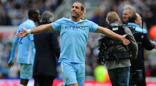 NEWCASTLE UPON TYNE, ENGLAND - MAY 06: Pablo Zabaleta of Manchester City celebrates after the Barclays Premier League match between Newcastle United and Manchester City at the Sports Direct Arena on May 6, 2012 in Newcastle upon Tyne, England. (Photo by Michael Regan/Getty Images)