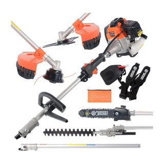 52cc Petrol Multi Function 5 in 1 Garden Tool with all of the attachments on a white background