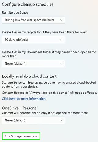 Storage Sense options in Windows 11