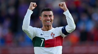 Cristiano Ronaldo celebrates after scoring for Portugal against Iceland on his 200th international appearance, in June 2023.