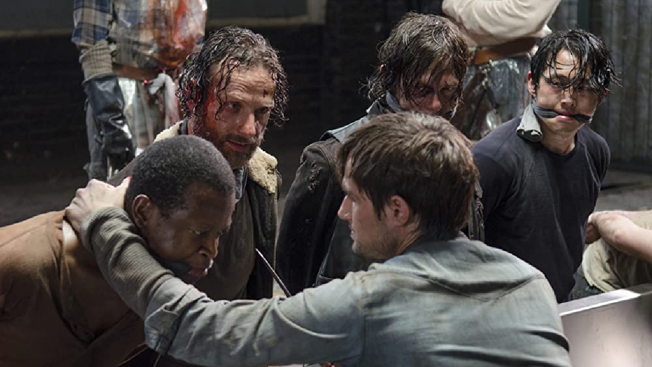The Walking Dead'de Rick, Glenn, Bob ve Daryl.