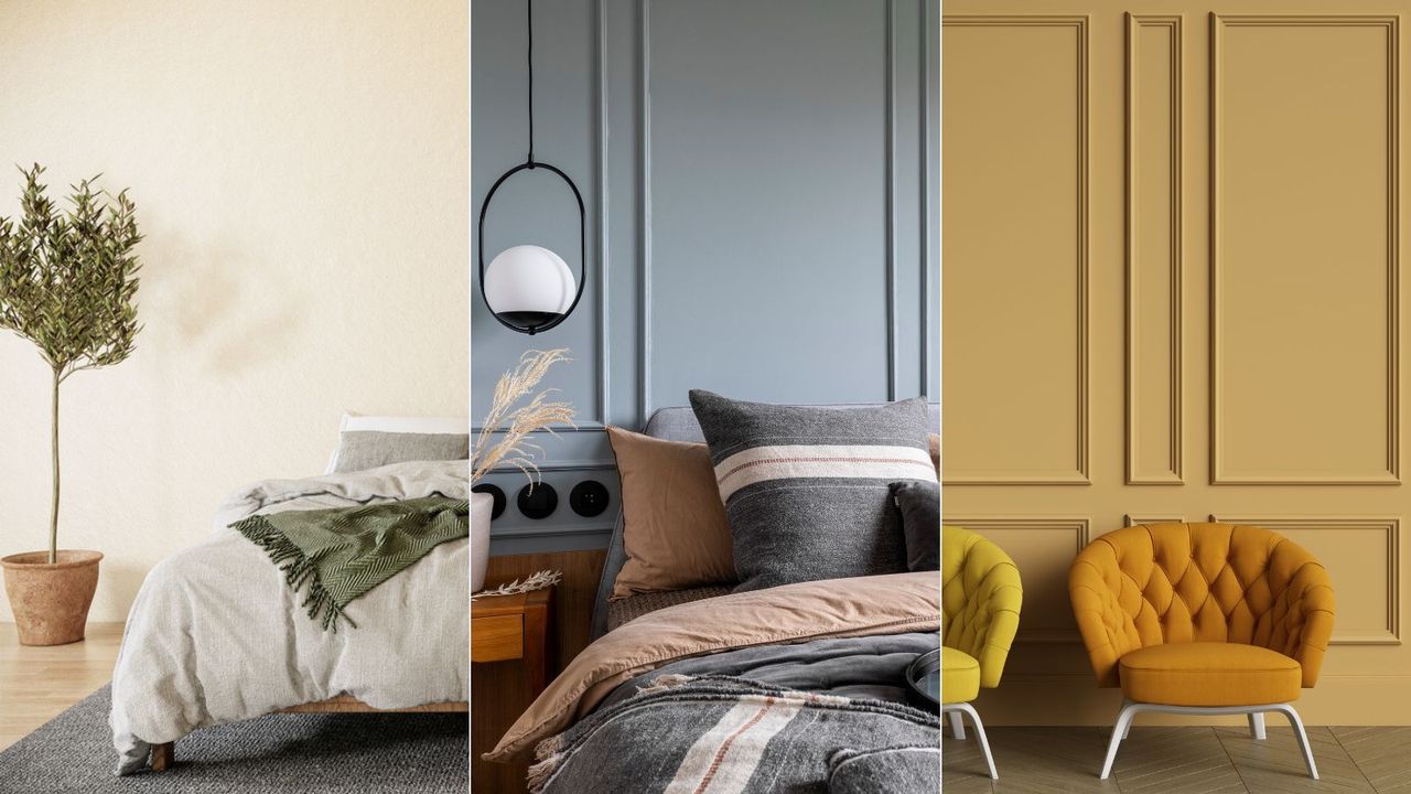 neutral bedroom, blue bedroom, mustard yellow wall