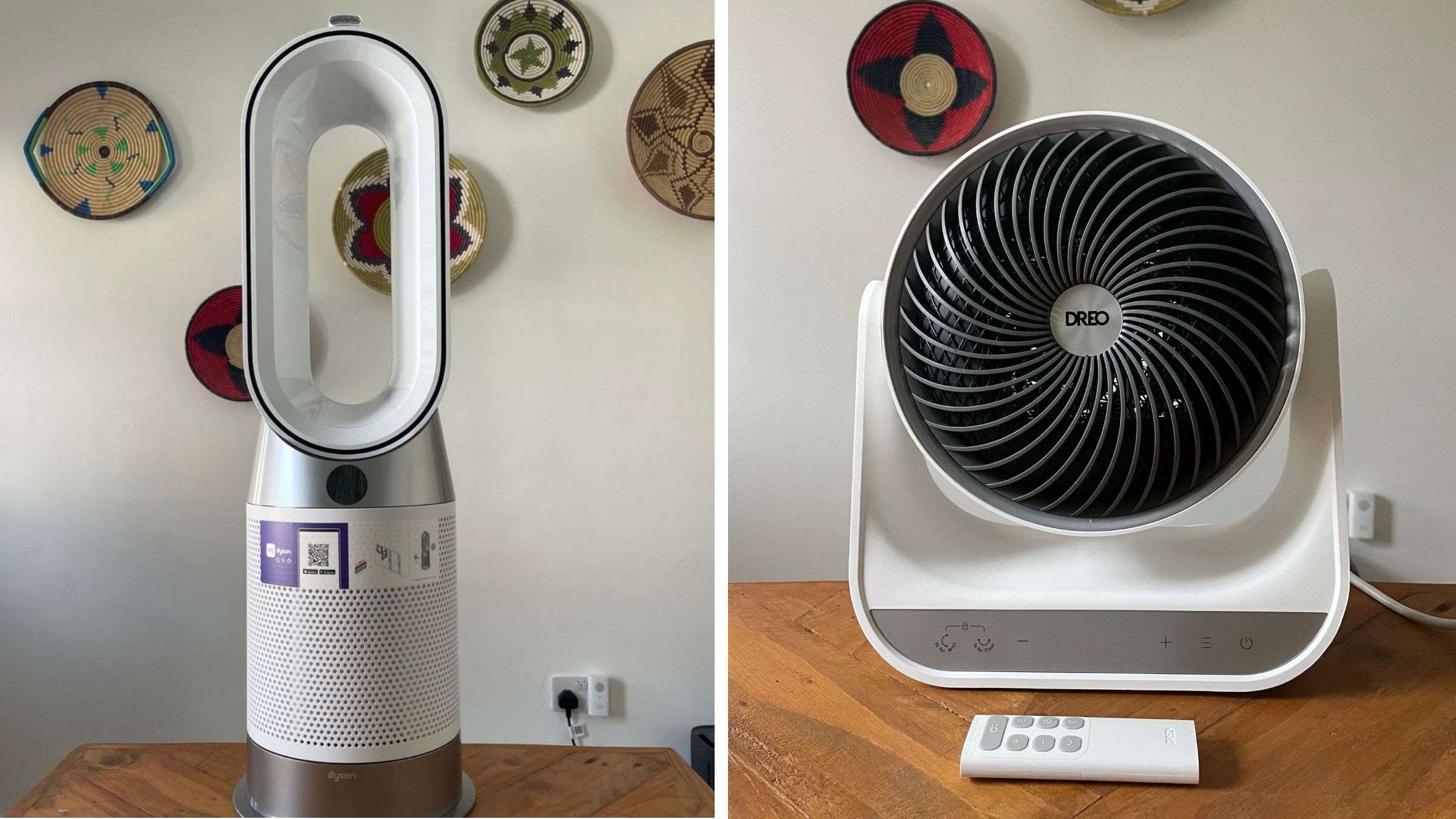 Spliced image showing the Dyson Purifier Hot+Cool HP1 and the Dreo 714S Whole Room Heater in a real home environment