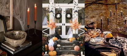 Three examples of Halloween decoration ideas. Orange candles, decorated front porch, decorated dining table.