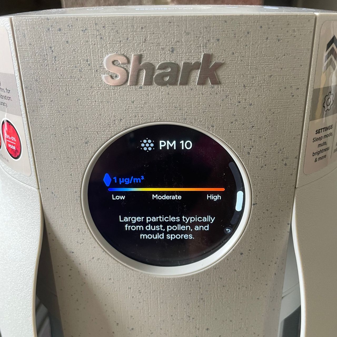 Close-up view of the PM10 readings on the Shark BreatheClear Compact Air Purifier with NeverChange6