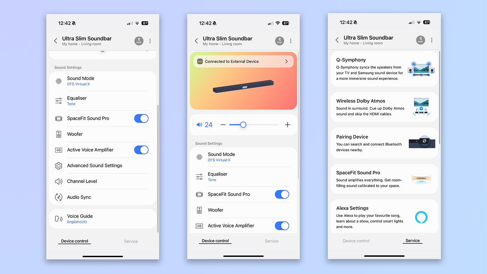 three screenshots from the samsung smart things app showing usability with the samsung s801d soundbar