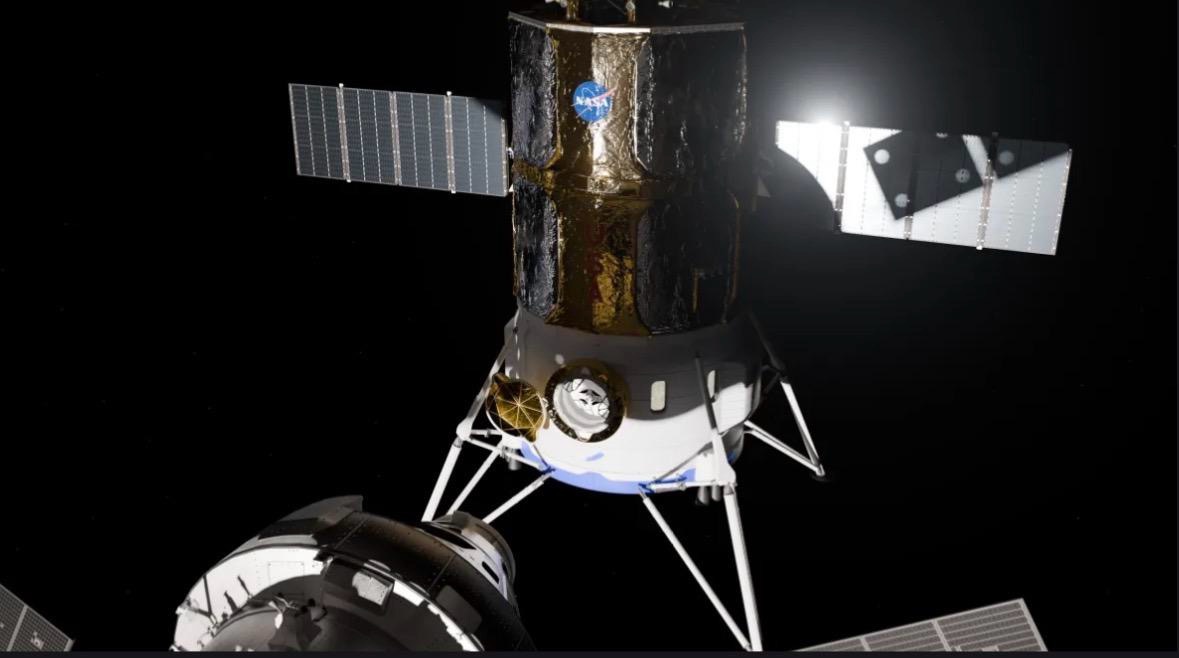 A lunar lander rendezvous with Orion in space.