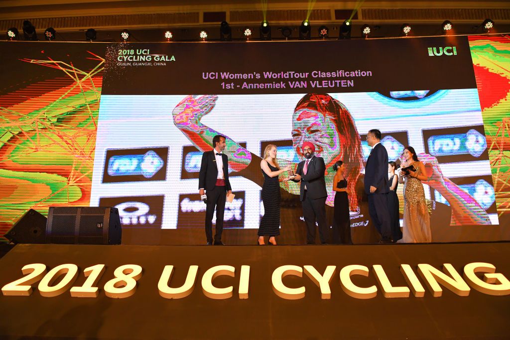 Annemiek van Vleuten wasn't there to collect the prize for Women's WorldTour winner, so teammate Gracie Elvin had to go up