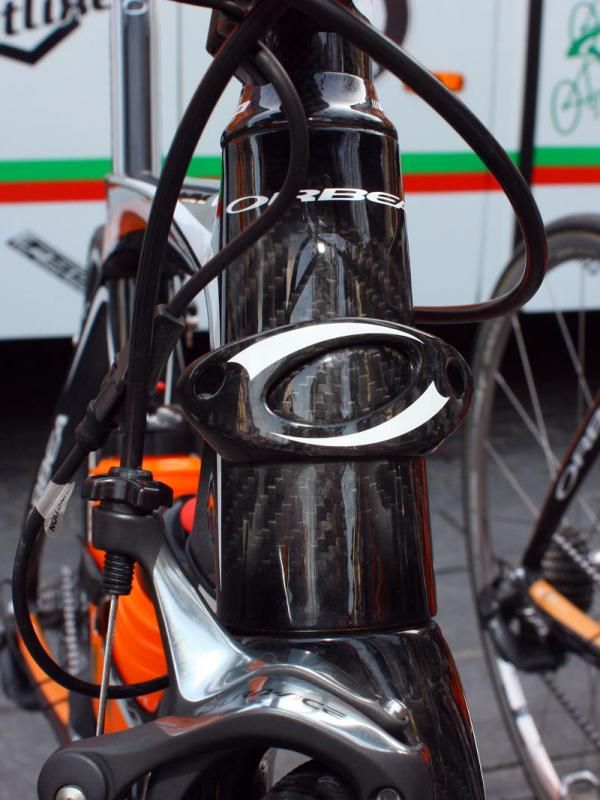 With all the bikes fitted with Shimano Dura-Ace Di2, the carbon fiber housing stop on the front of this Orbea Orca go unused.