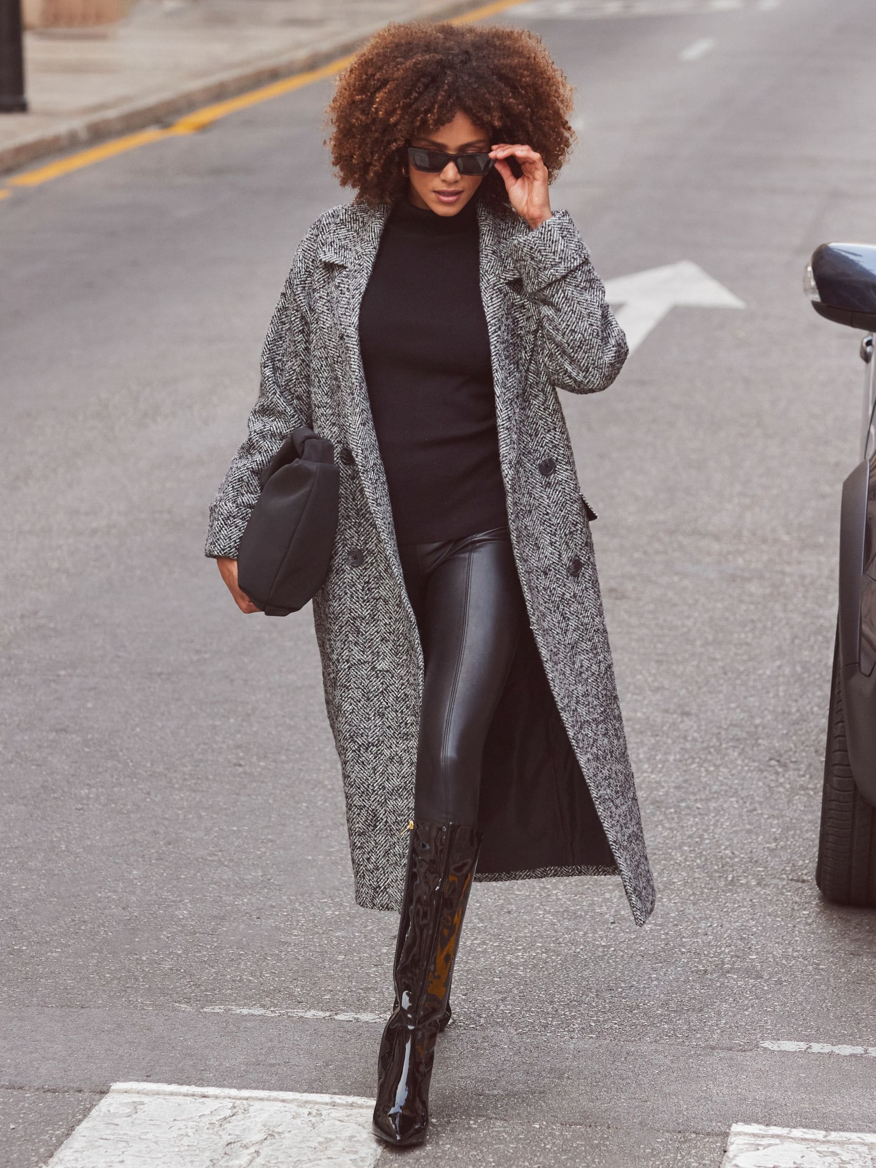 Sosandar Grey Grey &amp;amp; Black Herringbone Wool Mix Longline Coat