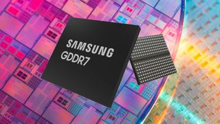 An generic image of Samsung GDDR7 modules against a background of Samsung silicon wafer diagrams