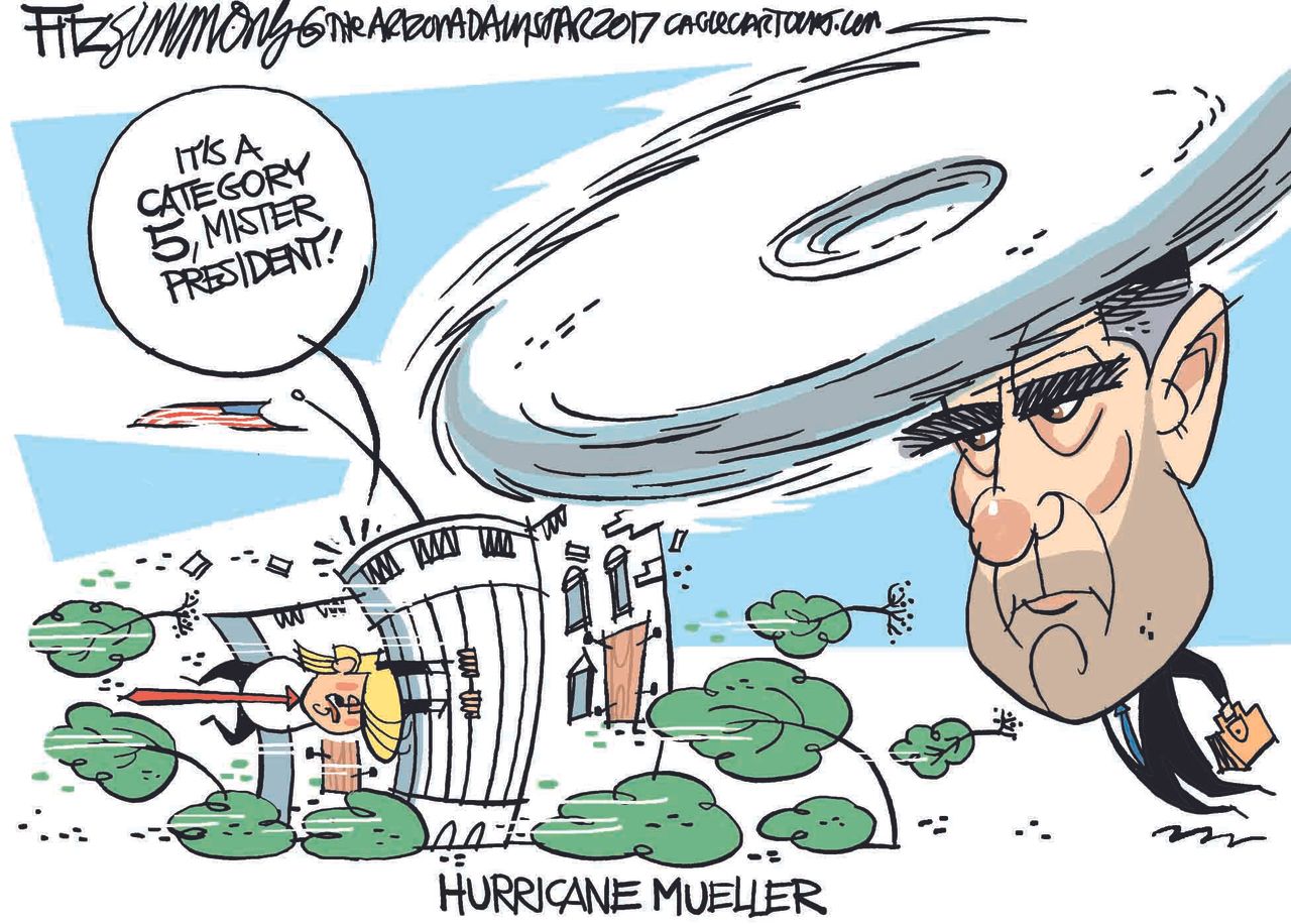 Political cartoon U.S. hurricanes Mueller Trump Russia investigation