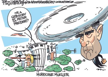 Political cartoon U.S. hurricanes Mueller Trump Russia investigation