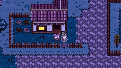 Screenshot from Dokimon Quest, showing a top-down view of a pixel art town with a human character standing side by side with a friendly creature.