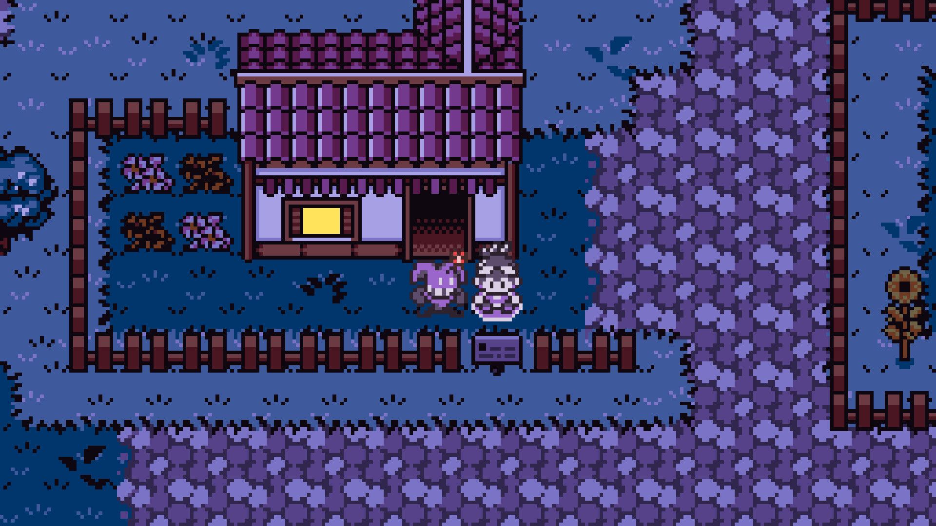 Screenshot from Dokimon Quest, showing a top-down view of a pixel art town with a human character standing side by side with a friendly creature.