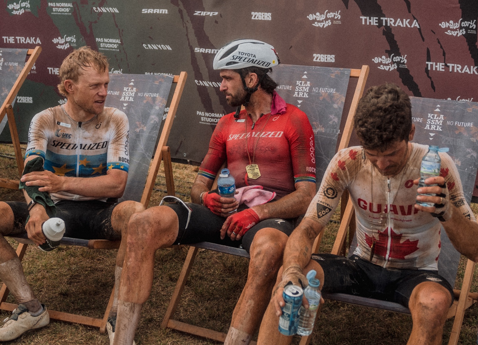 Specialized Off-road riders talk after going one-three at The Traka 360, winner Mads W&amp;uuml;rtz Schmidt (left) and Matt Beers (centre)