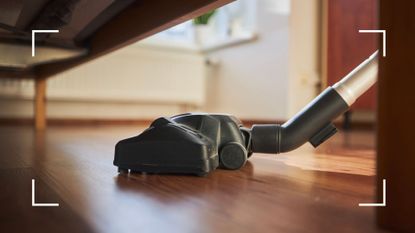 picture of vacuum cleaner on dusty wooden floor