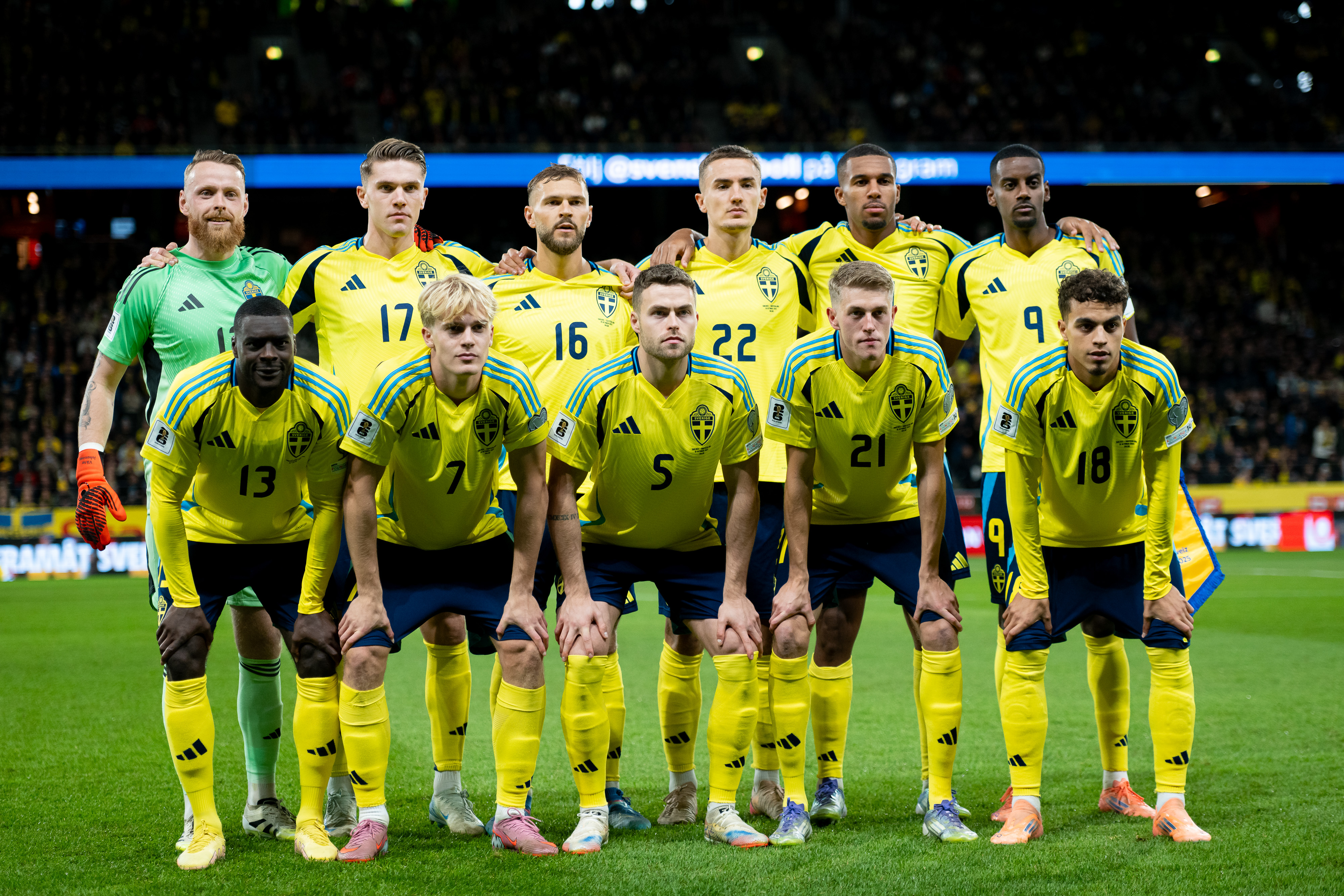 SOLNA, SWEDEN - OCTOBER 10: Team picture of Sweden national team during the FIFA World Cup 2026 qualifier match between Sweden and Switzerland at Strawberry Arena on October 10, 2025 in Solna, Sweden. (Photo by Mateusz Slodkowski/Getty Images)