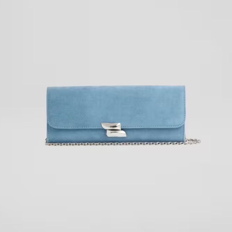 LK Bennett Daisy Powder Blue Suede Curve Flap Clutch Bag