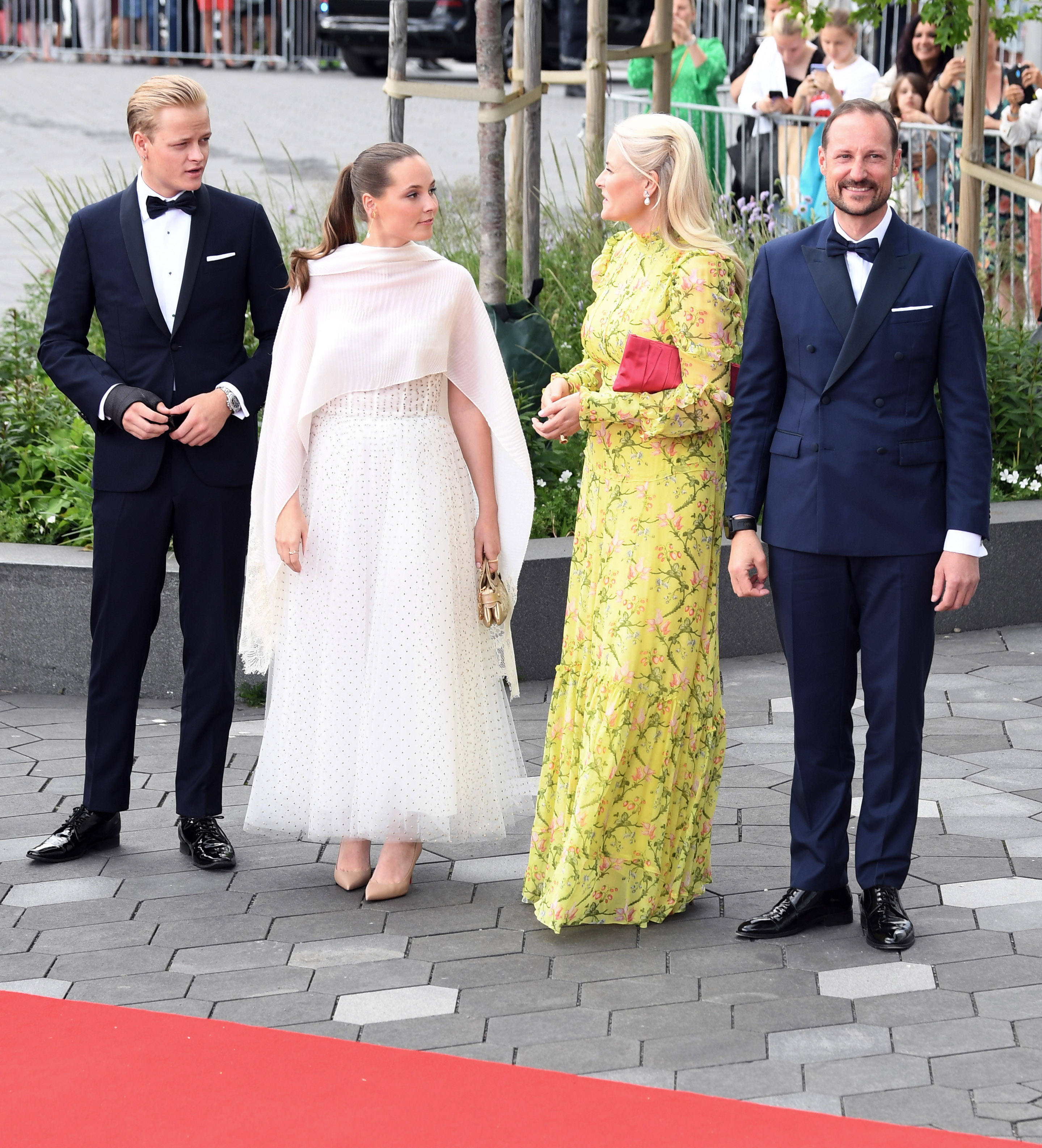 Marius Borg Hoiby, Princess Ingrid Alexandra, Crown Princess Mette-Marit and Crown Prince Haakon dressed in evening gowns and tuxes