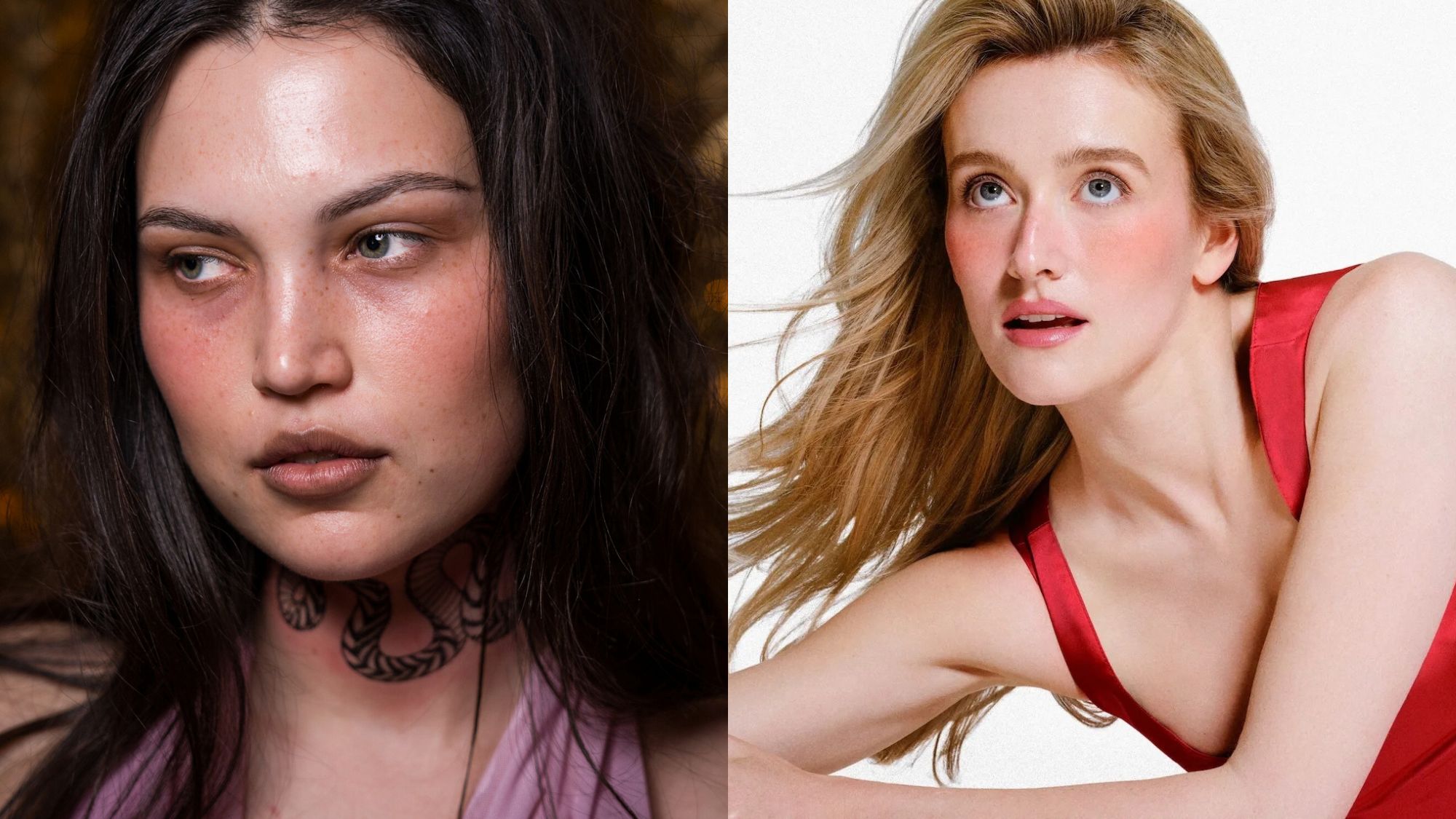 An image of a model backstage at Di Petsa and a campaign image of Sarah Pidgeon for Rhode.