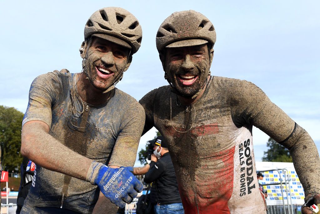 ROUBAIX FRANCE OCTOBER 03 LR Zdenek Stybar of Czech Republic and Team Deceuninck QuickStep and John Degenkolb of Germany and Team Lotto Soudal covered in mud pose for a photograph after the 118th ParisRoubaix 2021 Mens Eilte a 2577km race from Compigne to Roubaix ParisRoubaix on October 03 2021 in Roubaix France Photo by Tim de WaeleGetty Images