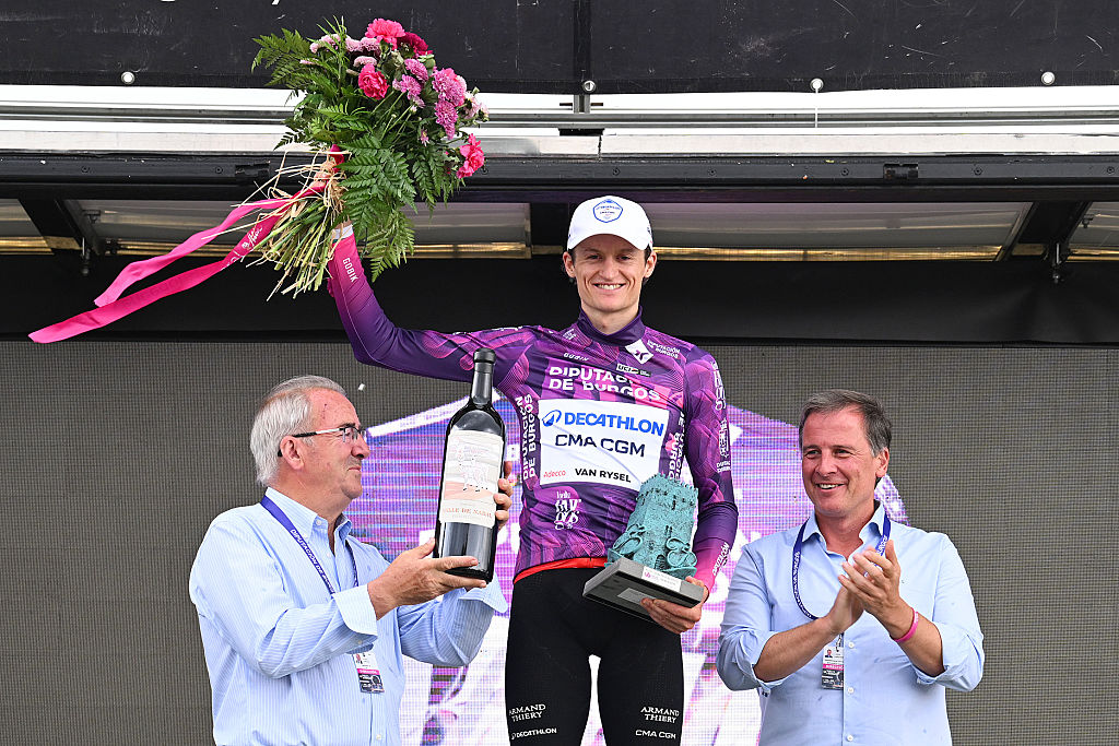 Felix Gall of Austria and Team Decathlon CMA CGM celebrates at podium as Purple Leader Jersey and final overall race winner during the 48th Vuelta a Burgos 2026