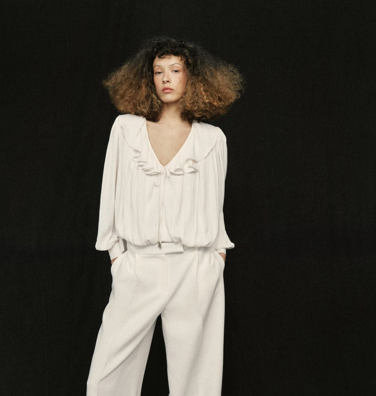 ZARA, Satin Blouse With Ruffles and Shoulder Pads