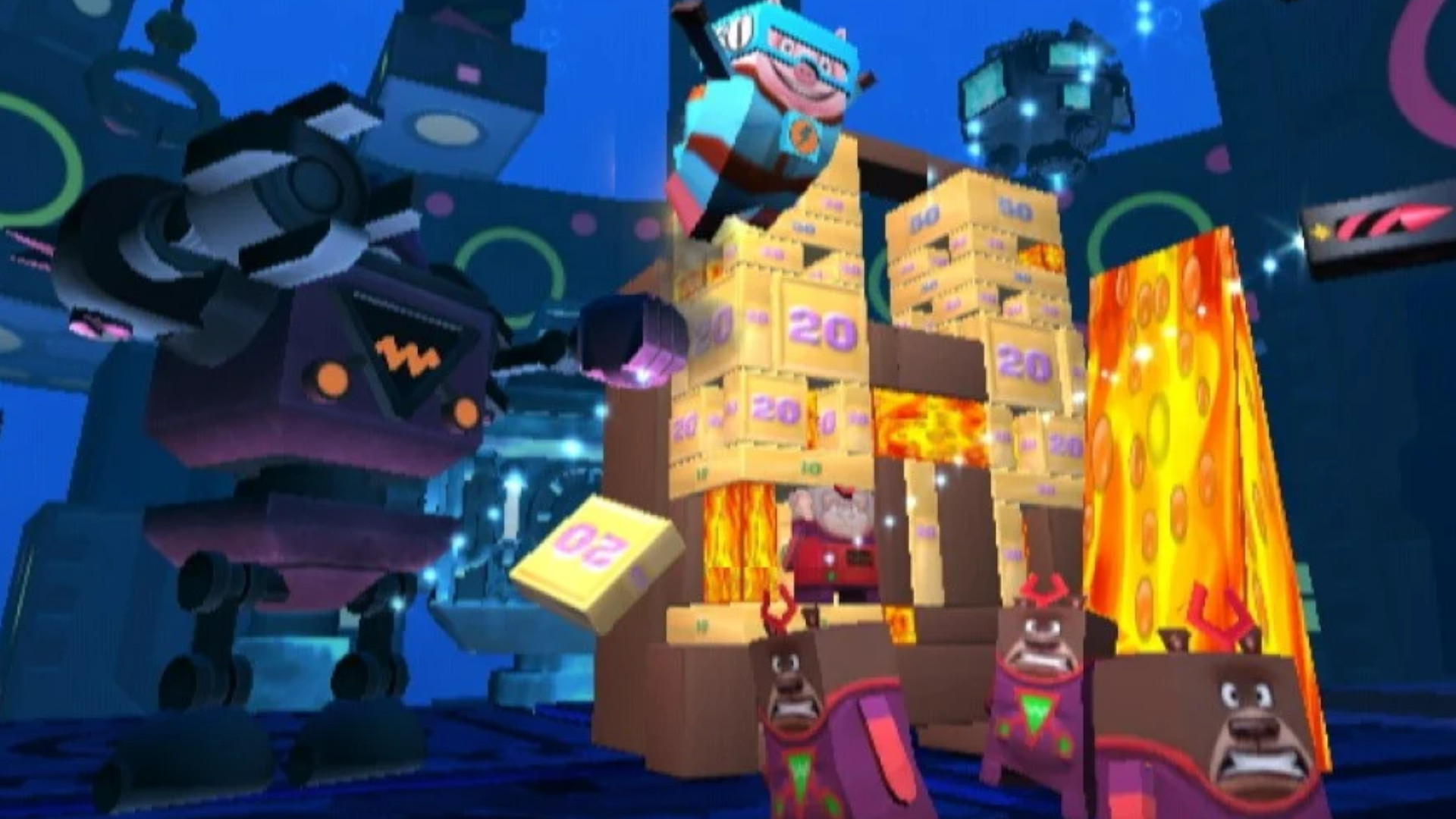 A pig flying through the air with a robot chasing it during one of the best Wii games of all time, Boom Blox Bash Party.