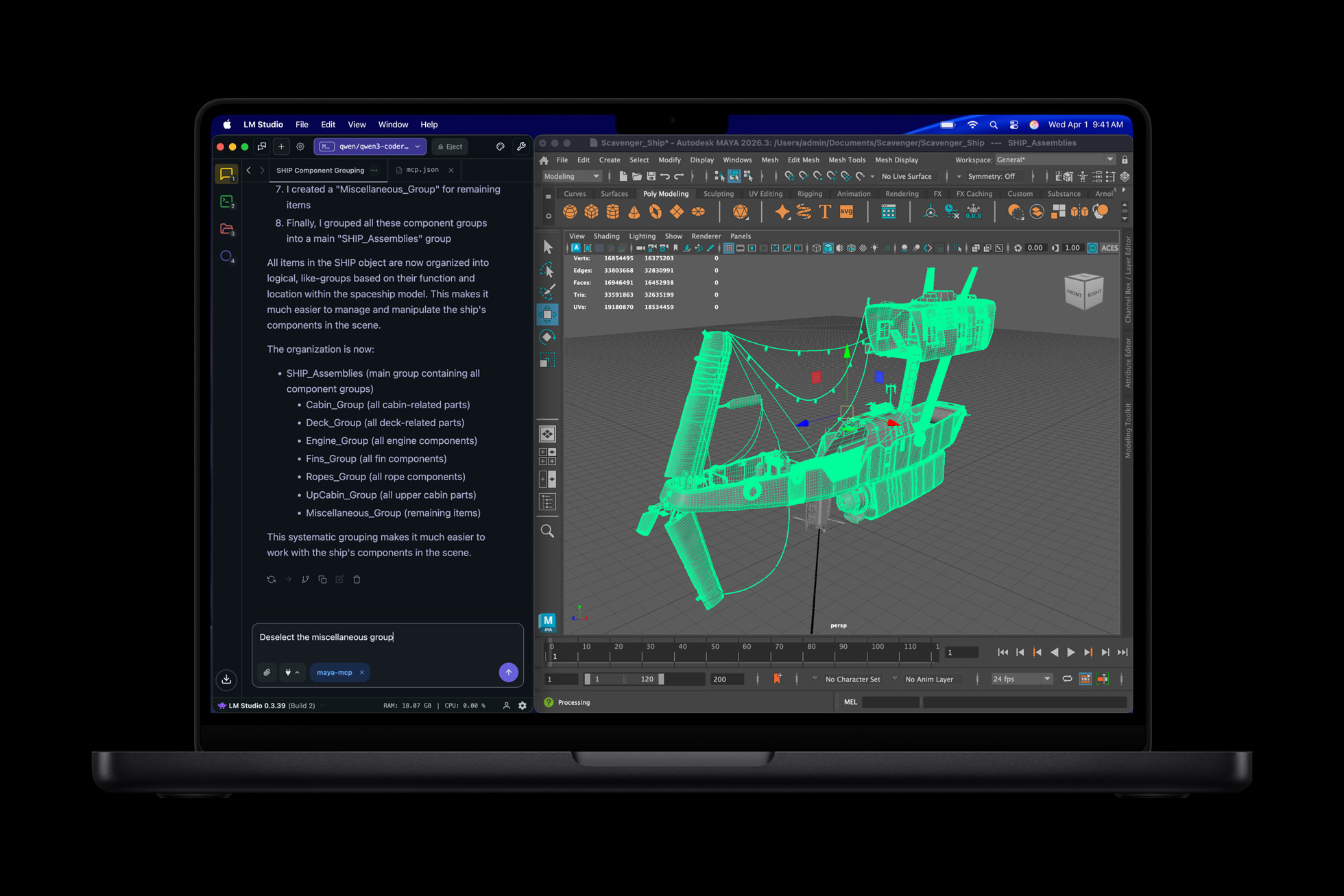 A MacBook Pro displays a split-screen workspace with LM Studio on the left and a complex 3D wireframe model of a ship in Autodesk Maya on the right.