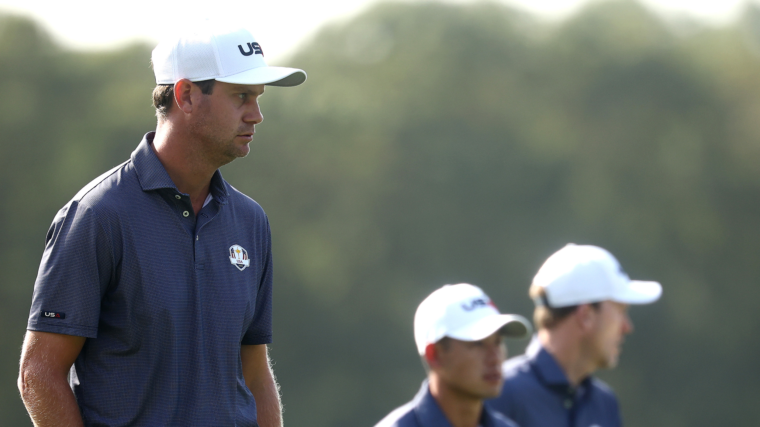Harris English walking during a Ryder Cup practice round