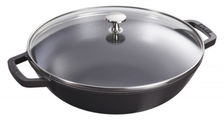 Staub doubled handled cast iron wok with glass lid