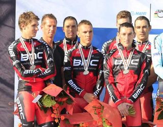 The BMC team on the podium after narrowly missing out to Omega Pharma - Quick Step