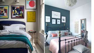bedroom trends 2022 gallery walls with artwork on the wall behind beds