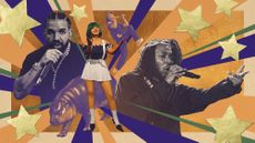 Photo collage of Drake and Kendrick Lamar performing, Moo Deng, B-girl Rachel Gunn performing at the Olympics, and an actress portraying the Glasgow Wonka Experience Oompa Loompa.