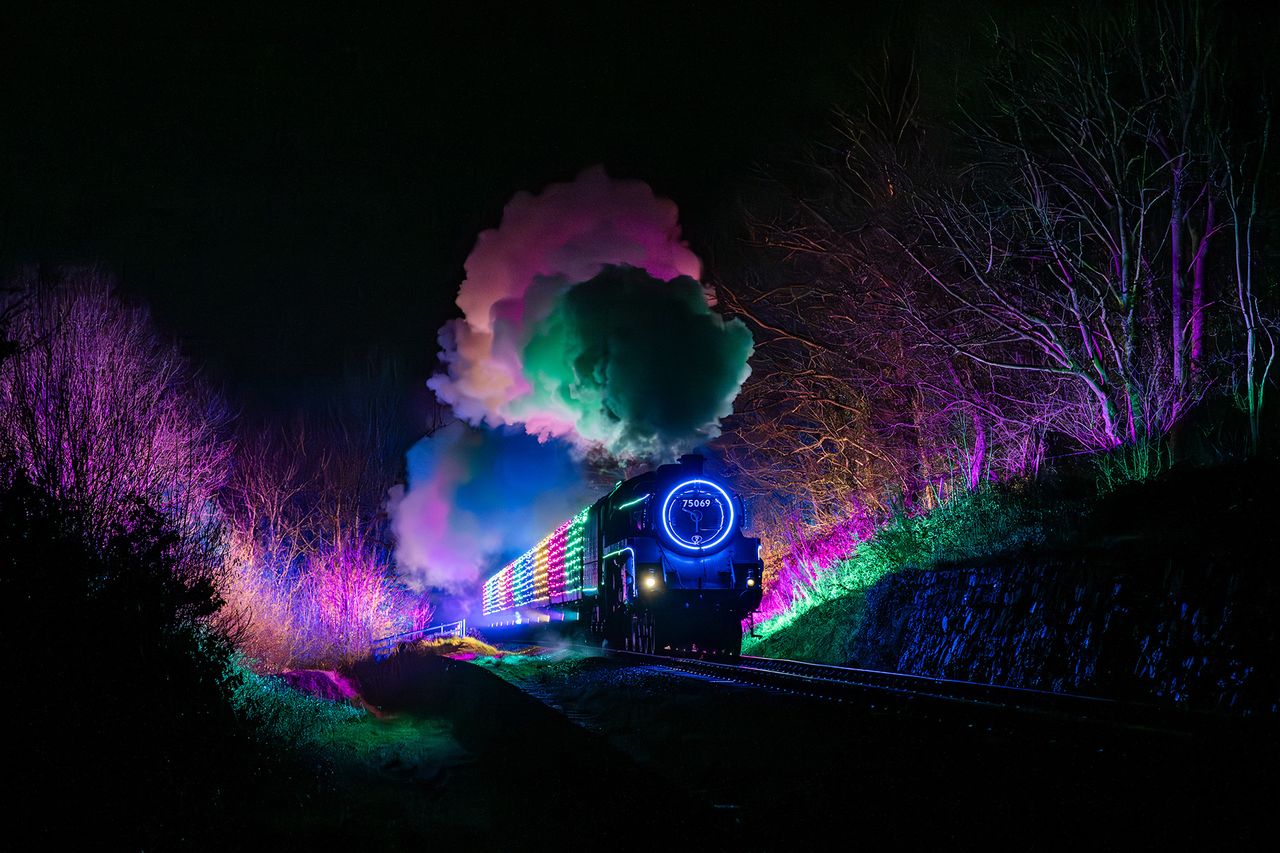 Photograph titled The Boogie Lights Express, taken by Jack Boskett. It's a dedicated disco train that runs on the Severn Valley Railway in England, UK.