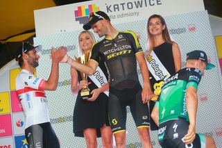 Luka Mezgec on the stage 2 podium at Tour de Pologne