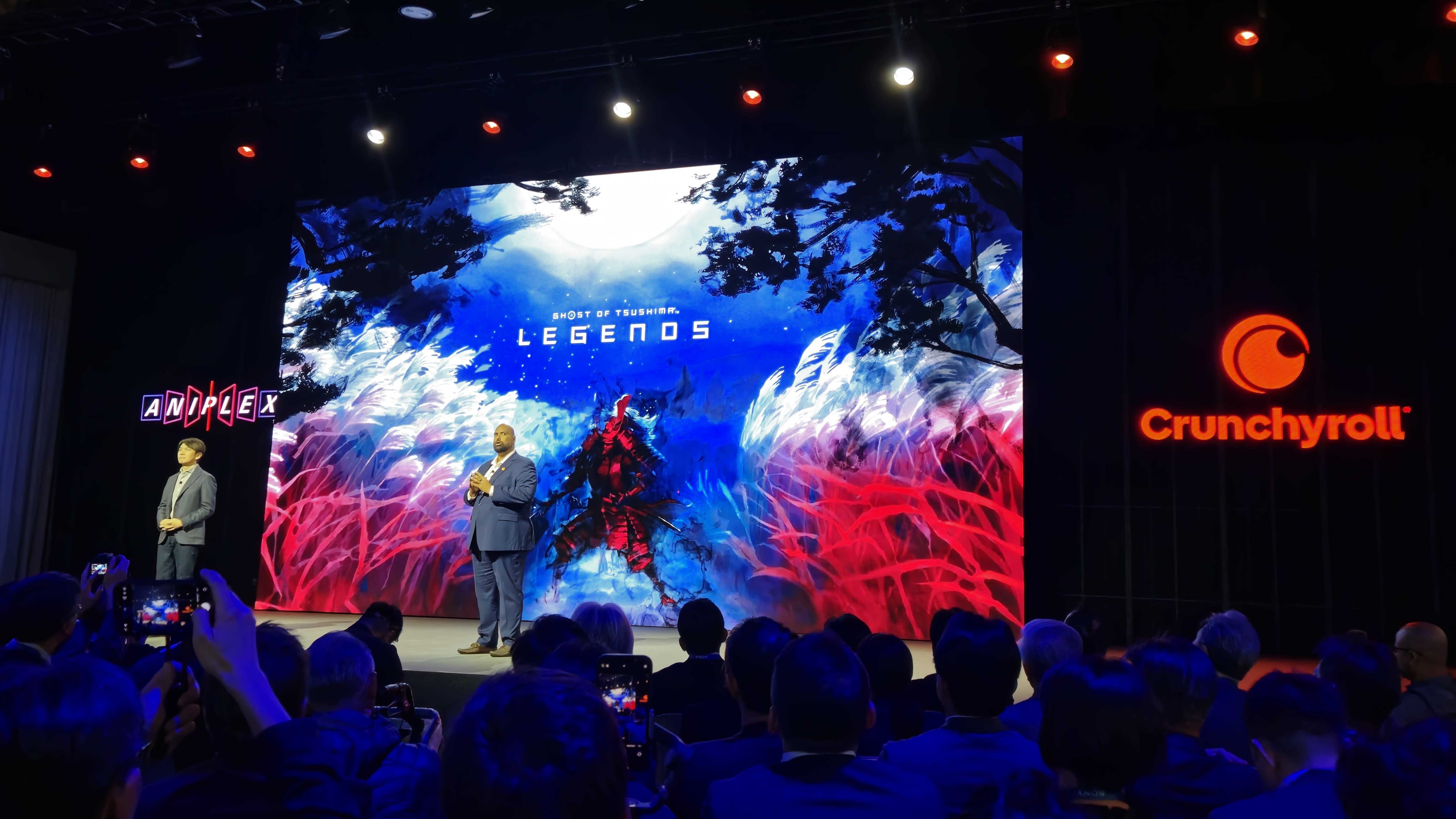 The Ghost of Tsushima: legends anime poster on stage at Sony's CES 2025 conference.