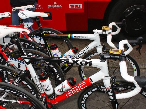 Cadel Evans' (BMC) custom painted BMC Team Machine SLR01 is tucked safely away before the start of Stage 2.
