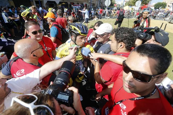 Alberto Contador (Tinkoff-Saxo) meets the press after stage 2