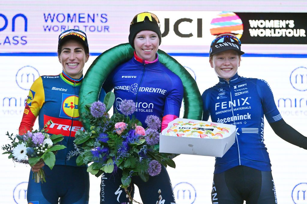 2024 Ronde van Drenthe final podium (l-r); second place Elisa Balsamo (Lidl-Trek), winner Lorena Wiebes (SD Worx-Protime) and third place Puck Pieterse (Fenix-Deceuninck)