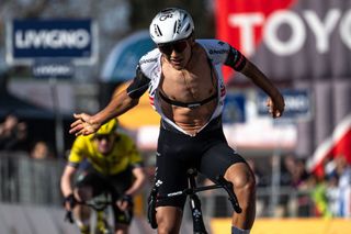 Team UAE Mexicoâ€˜s rider Isaac Del Toro celebrates after winning the 106th edition of the one-day classic cycling race Milan - Torino between Rho, west of Milan and Superga, east of Torino, on March 19, 2025. (Photo by MARCO BERTORELLO / AFP)