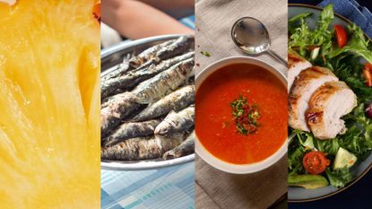 A selection of the best foods to eat on holiday, including pineapple, sardines, tomato soup, and chicken