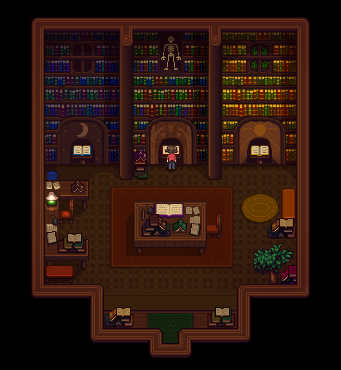 A screenshot from Haunted Chocolatier, showing a house and shop filled with plants.