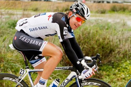 Kasper Klostergaard (Team Saxo Bank) in good spirits before the feed zone.